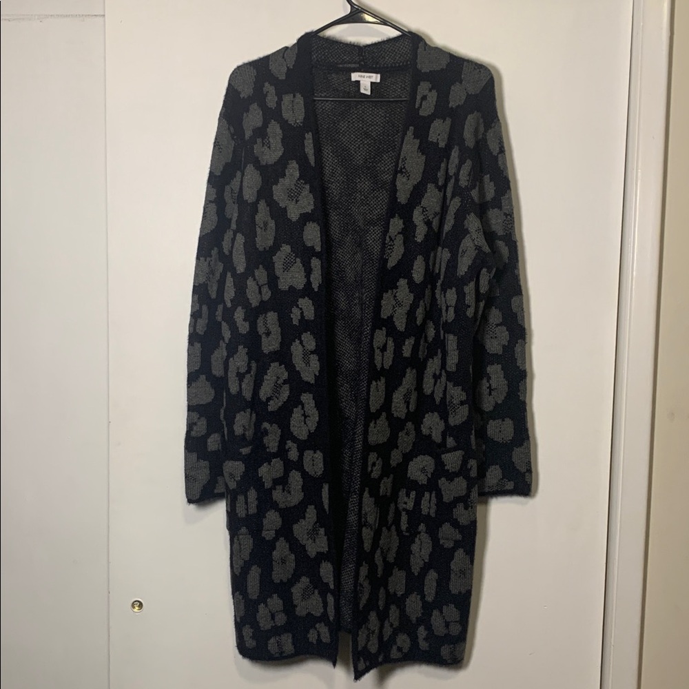 Nine West Leopard Print Black and‎ Gray Long Knit Cardigan Women’s Large